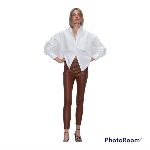 NWT ZARA Camel High Rise Faux Leather Ankle Zip Leggings XS - Picture 4 of 10
